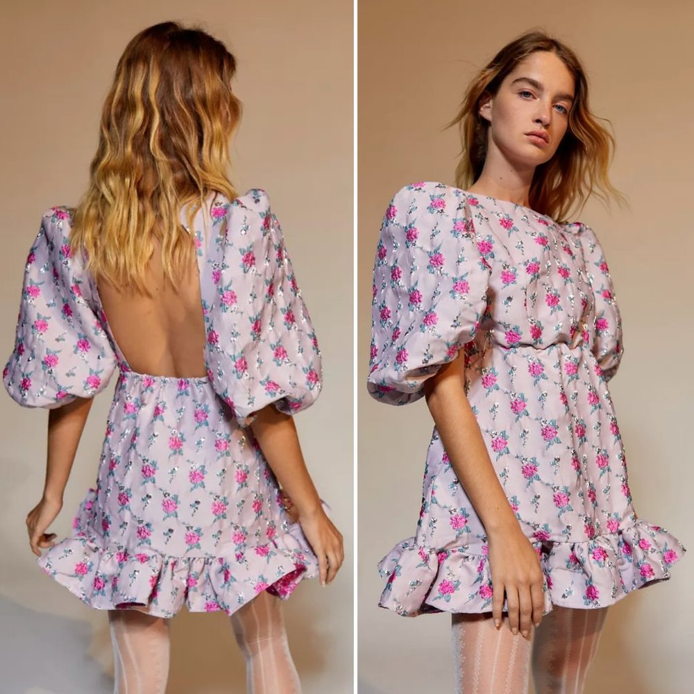 NEW Sister Jane Floral Jacquard Puff Sleeve Open Back Metallic Mini Dress Pink S